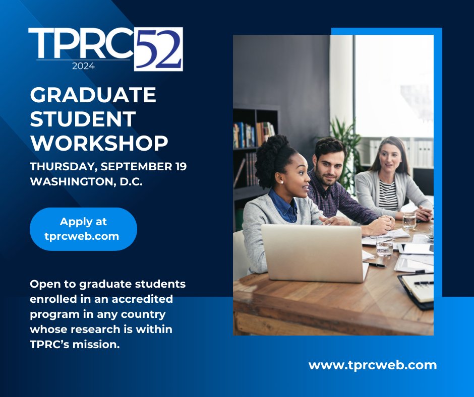 📢Great news! We have a few slots left in the TPRC Graduate Student Workshop! This *FREE* event for grad students in the area of #techpolicy will take place on Thursday, Sep. 19 in Washington, D.C. prior to the TPRC52 conference.  Apply here: docs.google.com/forms/d/e/1FAI…