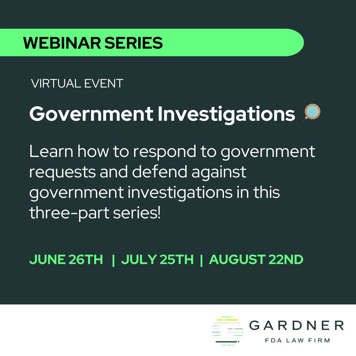 GardnerPllc's tweet photo. This Thursday, we'll discuss the dos and don’ts of providing information to the government, how to protect your company and its employees, and ways to minimize the burden on your company in our Government Investigations webinar series.

Register now: https://t.co/qDE0tkHapj https://t.co/1lziJrIkEW
