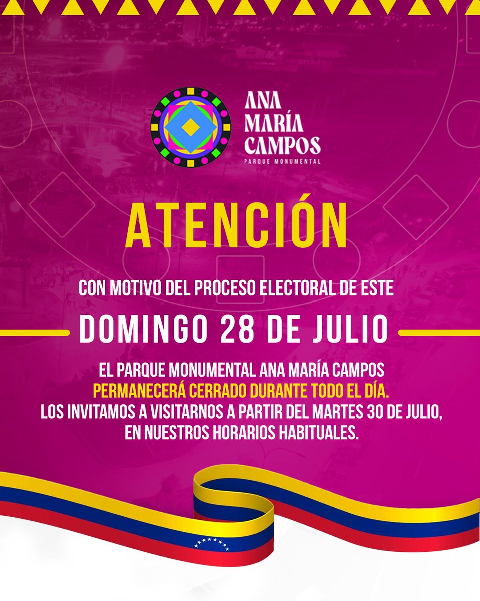 📣 Información importante para las usuarias y usuarios del Parque Monumental Ana María Campos 

Este domingo 28 de julio  estará cerrado al público 

Te esperamos el martes 30 😉

#Maracaibo 
#Zulia