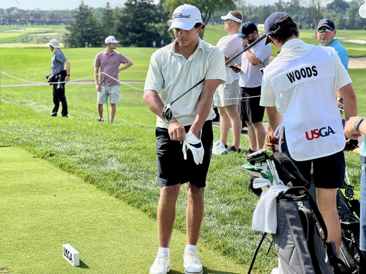 PGAPappas's tweet photo. Nice bounce-back second nine for Charlie Woods today on the South Course at Oakland Hills CC. 

Too little too late, but 1-over something to build on. #USJuniorAmateur https://t.co/rgrtzItePd