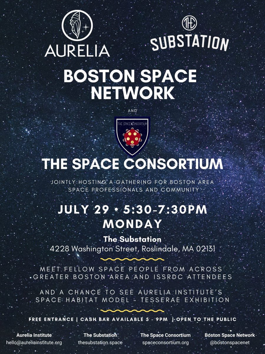 Join us next week for a special event cohosted with <a href="/aurelia_labs/">Aurelia Institute</a>  and the Boston Space Consortium! We will be gathering at Substation on the margins of the International Space Station Research &amp; Development Conference. We hope you can make it!
