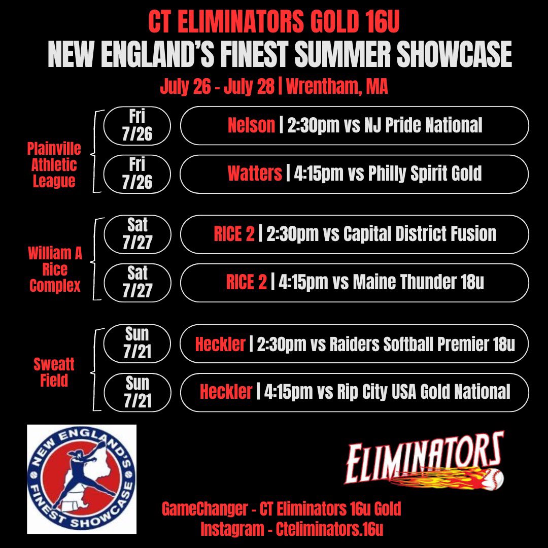New England’s Finest‼️‼️Can’t believe it’s already the last showcase of the summer!  I will also be participating in the catching portion of the NEF Exposure Camp from 8:15-10:35am this Thursday, 7/25. Going out with a bang, ❤️ my team <a href="/CTEliminator_SB/">CTEliminators_Softball</a>