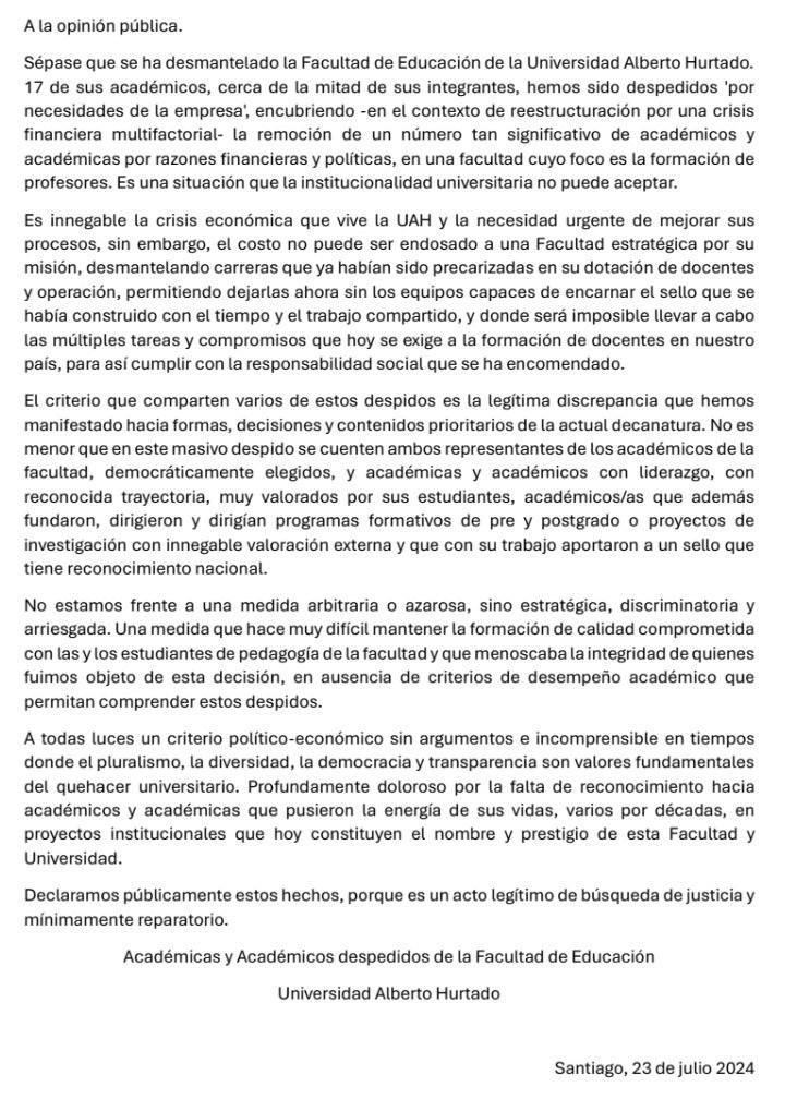 #unaverguenza ¿Por qué despidieron a lxs académicxs  de la Facultad de Educación de la <a href="/uahurtado/">Universidad Alberto Hurtado</a> ? Acá su declaración 👇🏽