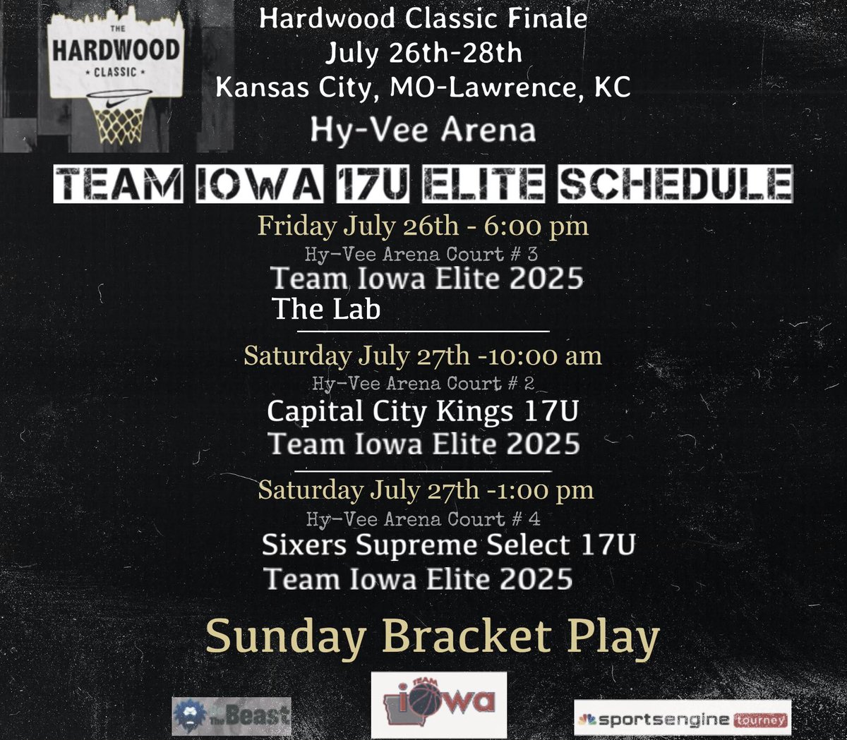 TEAM IOWA ELITE 17U FINAL Tournament in Kansas City this weekend! Check out our schedule <a href="/HardwoodEvents/">Hardwood Events</a> <a href="/HyVeeArena/">Hy-Vee Arena</a> <a href="/Team_Iowa/">Team Iowa Basketball</a> <a href="/jamiepaul20/">Jamie</a> <a href="/LewisMerquiche/">Merquiche Lewis</a> <a href="/DonnieDobbs34/">Donnie Dobbs</a> <a href="/_AidenMiller/">Aiden Miller</a> <a href="/NehemiahLewis23/">Nehemiah Lewis</a> <a href="/CooperGrimm7/">Cooper Grimm</a> <a href="/Emmettburke_10/">Emmett Burke</a> <a href="/jackdrew31/">Jack Drew</a> <a href="/Justin_Powell12/">Justin Powell</a> <a href="/NateHills5/">Nate Hills</a>