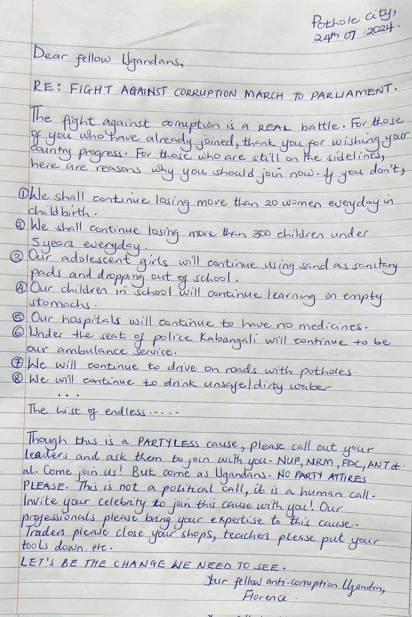 Florence (@florencenab) on Twitter photo Dear all,
RE: A LETTER TO ALL UGANDANS. SEE YOU IN ACTION AS WE CONTINUE ON OUR #MARCH2PARLIAMENT ON 25TH/07/2024.
PLEASE READ, TAG & SHARE UP TO THE LAST PERSON
<a href="/HEBobiwine/">BOBI WINE</a>
<a href="/kizzabesigye1/">Kifefe Kizza-Besigye</a>
<a href="/mugishamuntu/">Mugisha Muntu</a>
<a href="/WinnieKiiza/">Winnie Kiiza</a>
<a href="/DoreenNyanjura/">Nyanjura Doreen Omutatina</a>
<a href="/JoelSsenyonyi/">Joel Ssenyonyi</a>
<a href="/kingsaha256/">KING SAHA</a> Dear all,
RE: A LETTER TO ALL UGANDANS. SEE YOU IN ACTION AS WE CONTINUE ON OUR #MARCH2PARLIAMENT ON 25TH/07/2024.
PLEASE READ, TAG & SHARE UP TO THE LAST PERSON
<a href="/HEBobiwine/">BOBI WINE</a>
<a href="/kizzabesigye1/">Kifefe Kizza-Besigye</a>
<a href="/mugishamuntu/">Mugisha Muntu</a>
<a href="/WinnieKiiza/">Winnie Kiiza</a>
<a href="/DoreenNyanjura/">Nyanjura Doreen Omutatina</a>
<a href="/JoelSsenyonyi/">Joel Ssenyonyi</a>
<a href="/kingsaha256/">KING SAHA</a>