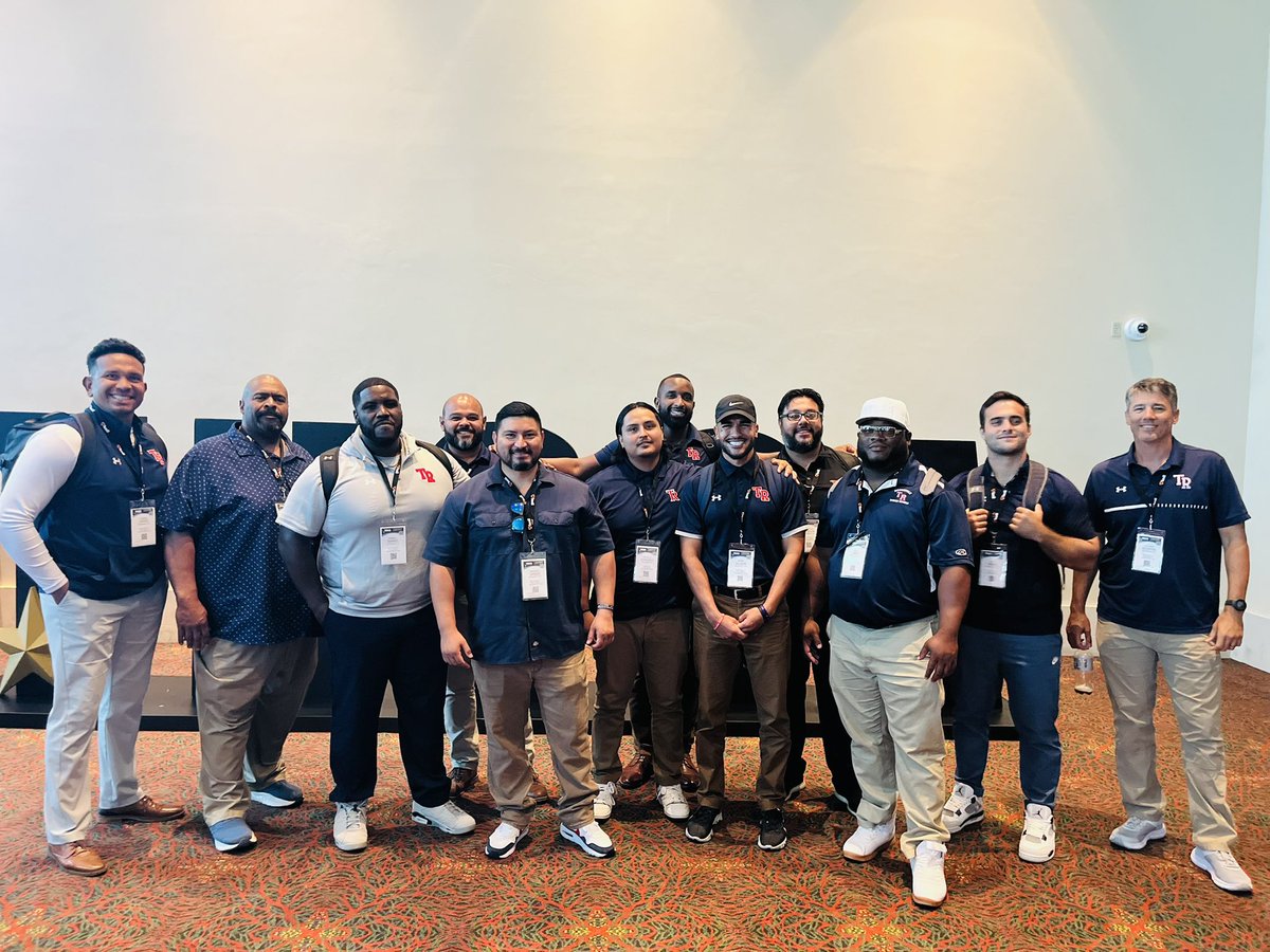 TRRoughRiderFB's tweet photo. The Roughriders staff got better these last few days at the annual THSCA coaching school! Always a fantastic job by @THSCAcoaches for putting together amazing lectures, awesome demos, and the best of the best presenters in Texas! #letsRIDE #theVELT @NeisdAthletics @CoachBarnes91 https://t.co/WZZxcP8P65