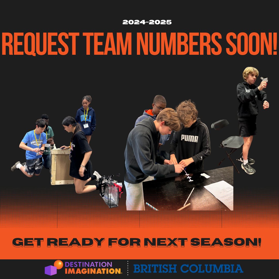 BC_DI's tweet photo. Request team numbers as soon as August 15th!!! Next season is just around the cornor. #destinationimagination #competition #destinationimaginationbc #teamnumber #teamwork https://t.co/5Q5RT0BxIf