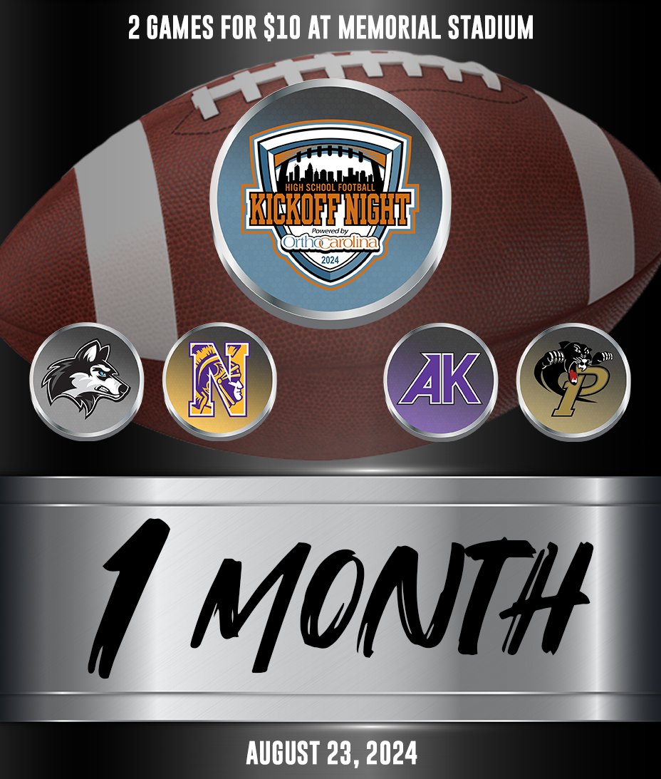 Charlotte Rivalry Series 🏈 (@clt_rivalseries) on Twitter photo One month out! 👀 Are you ready football fans.
📍 Memorial Stadium
Game 1️⃣ at 5:15pm
<a href="/HoughFB/">Hough Football</a>
vs
<a href="/NHSTrojansFB/">Trojan Football</a>
Game 2️⃣ at 8:00pm
<a href="/Prov_Football/">🅿️rovidence Football</a>
vs
<a href="/AKHS_Football/">Ardrey Kell Football</a>
Get your tickets using the link below:
🔗: cltkickoffweekend.com/TICKETS/ One month out! 👀 Are you ready football fans.
📍 Memorial Stadium
Game 1️⃣ at 5:15pm
<a href="/HoughFB/">Hough Football</a>
vs
<a href="/NHSTrojansFB/">Trojan Football</a>
Game 2️⃣ at 8:00pm
<a href="/Prov_Football/">🅿️rovidence Football</a>
vs
<a href="/AKHS_Football/">Ardrey Kell Football</a>
Get your tickets using the link below:
🔗: cltkickoffweekend.com/TICKETS/