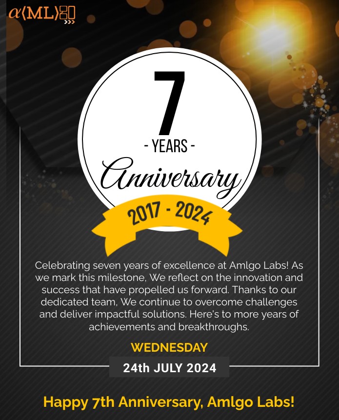 AmlgoLabs's tweet photo. Celebrating #7 incredible years since the founding of Amlgo Labs! A heartfelt thank you to our dedicated team, partners, and clients who have been part of this journey. Here's to many more years of innovation and success! 🎉 #AmlgoLabs #Innovation #7years #foundersday https://t.co/aDKn1ZvTti
