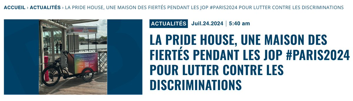 patrickbayeux's tweet photo. La Pride House, une Maison des Fiertés pendant les JOP #Paris2024 pour lutter contre les discriminations

Selon un communiqué du @Sports_gouv  ministère des sports, la Fondation Fier-Play a lancé le projet de la 24ème édition de la Pride House pour les Jeux de Paris 2024, avec le soutien du ministère des Sports et des Jeux Olympiques et Paralympiques, qui a financé le projet à hauteur de 100 000€. La Pride House se veut un lieu bienveillant et inclusif pour accueillir les athlètes LGBTI+, les supporters, leurs alliés et le grand public, et proposera tout au long des Jeux un programme pédagogique, sportif, culturel et festif afin de sensibiliser aux enjeux de la lutte contre les discriminations dans le sport.
https://t.co/EED0OkLlvC