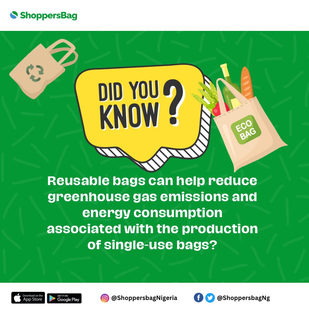 ShoppersbagNG's tweet photo. 🌿 #DidYouKnow using #reusablebags helps cut greenhouse gas emissions from single-use bag production? Make a sustainable switch today! https://t.co/Tcpss3Gxcx