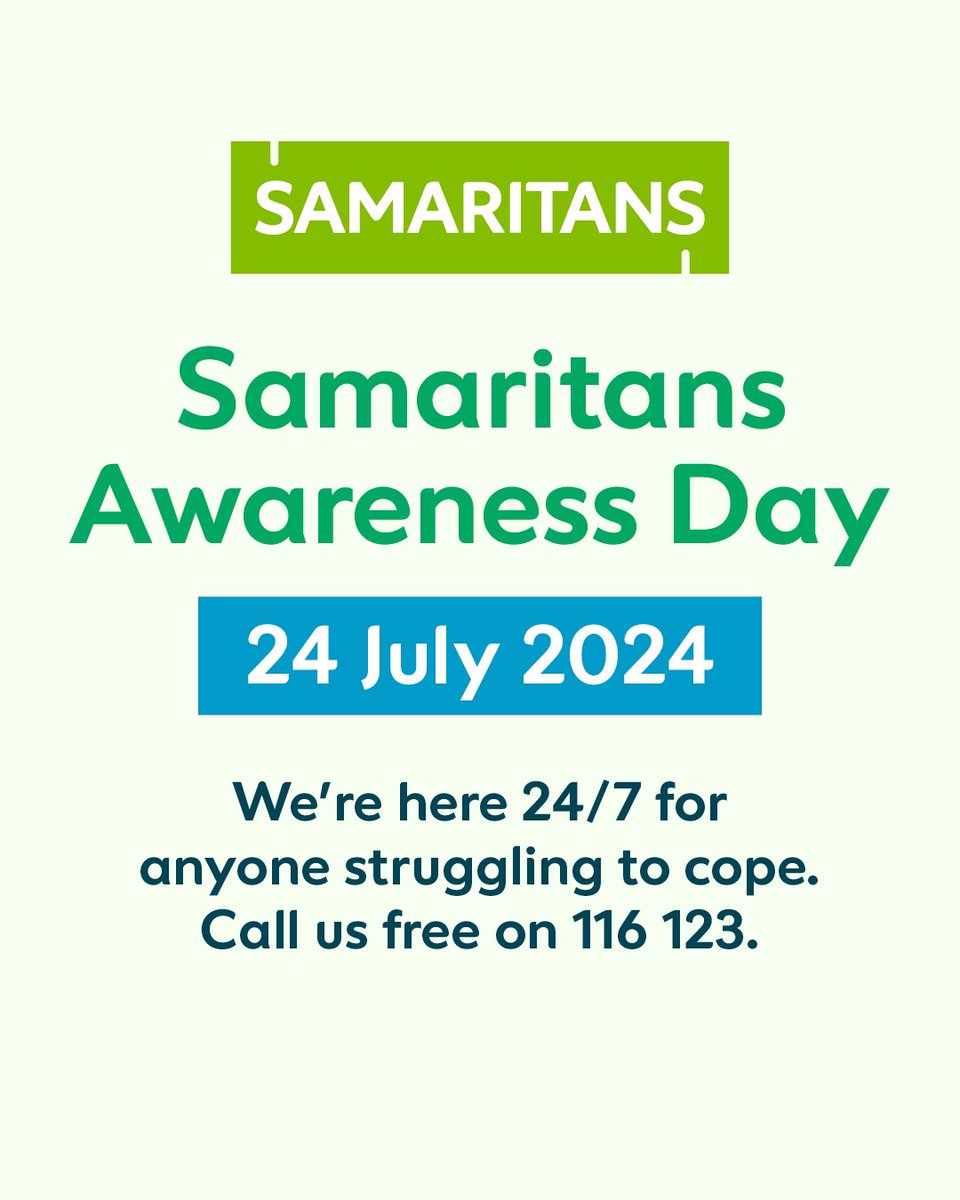 24 July is Samaritans Awareness Day. We're here 24/7 for anyone struggling to cope. Call us free on 116 123. <a href="/samaritans/">Samaritans</a> <a href="/SamaritansIRL/">Samaritans Ireland</a>