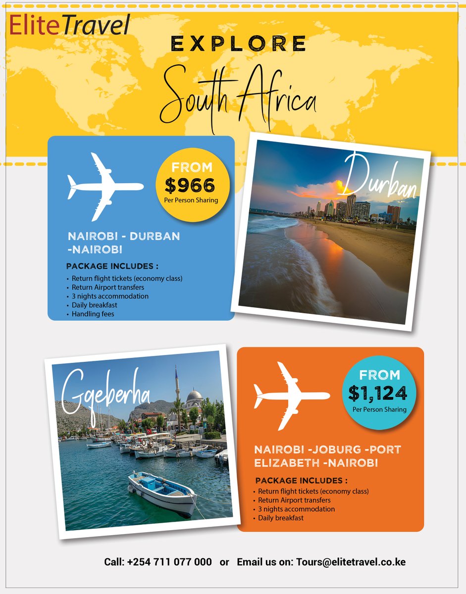 EliteTravelKE's tweet photo. South Africa; Where Luxury &amp; Adventure Meet.

Located at the southernmost tip of Africa, South Africa boasts of diverse ecosystems.Kruger National Park offers a safari experience with big game,while the Western Cape features stunning beaches,wine lands, and the Table Mountains. https://t.co/rFUduZqYHR