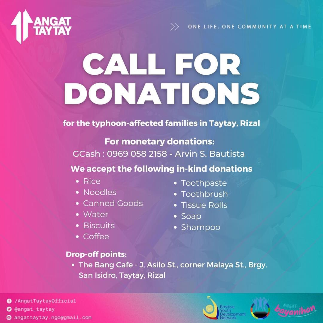 itsamanthuh's tweet photo. Magandang tanghali po. Lumalapit lang po sa mga may kakayahan.

“Angat Taytay is currently mobilizing a donation drive for families in Taytay, Rizal, reeling from the devastating impact of Typhoon Carina. The storm has left many families in dire need of immediate assistance.” https://t.co/HOOh3tCb0k