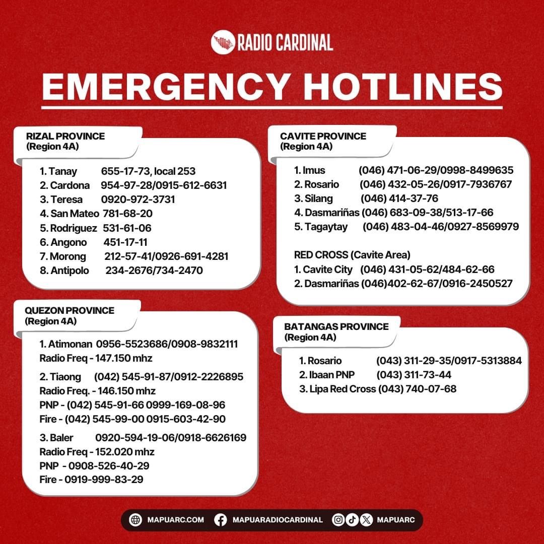 mapuarc's tweet photo. ADVISORY | Due to the ongoing severe weather conditions brought by Typhoon Carina, Mapúa Radio Cardinal urges everyone to take immediate precautions to ensure everyone's safety. 

Please keep the following important contact numbers handy.

Stay safe and dry, Mapúans!

#MapuaRC https://t.co/FBeoLeRqaX