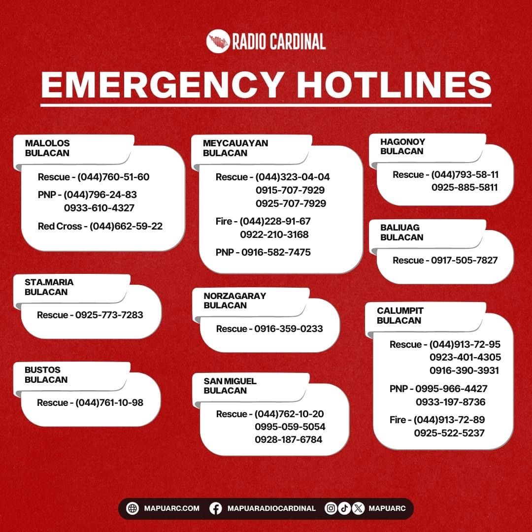 mapuarc's tweet photo. ADVISORY | Due to the ongoing severe weather conditions brought by Typhoon Carina, Mapúa Radio Cardinal urges everyone to take immediate precautions to ensure everyone's safety. 

Please keep the following important contact numbers handy.

Stay safe and dry, Mapúans!

#MapuaRC https://t.co/FBeoLeRqaX