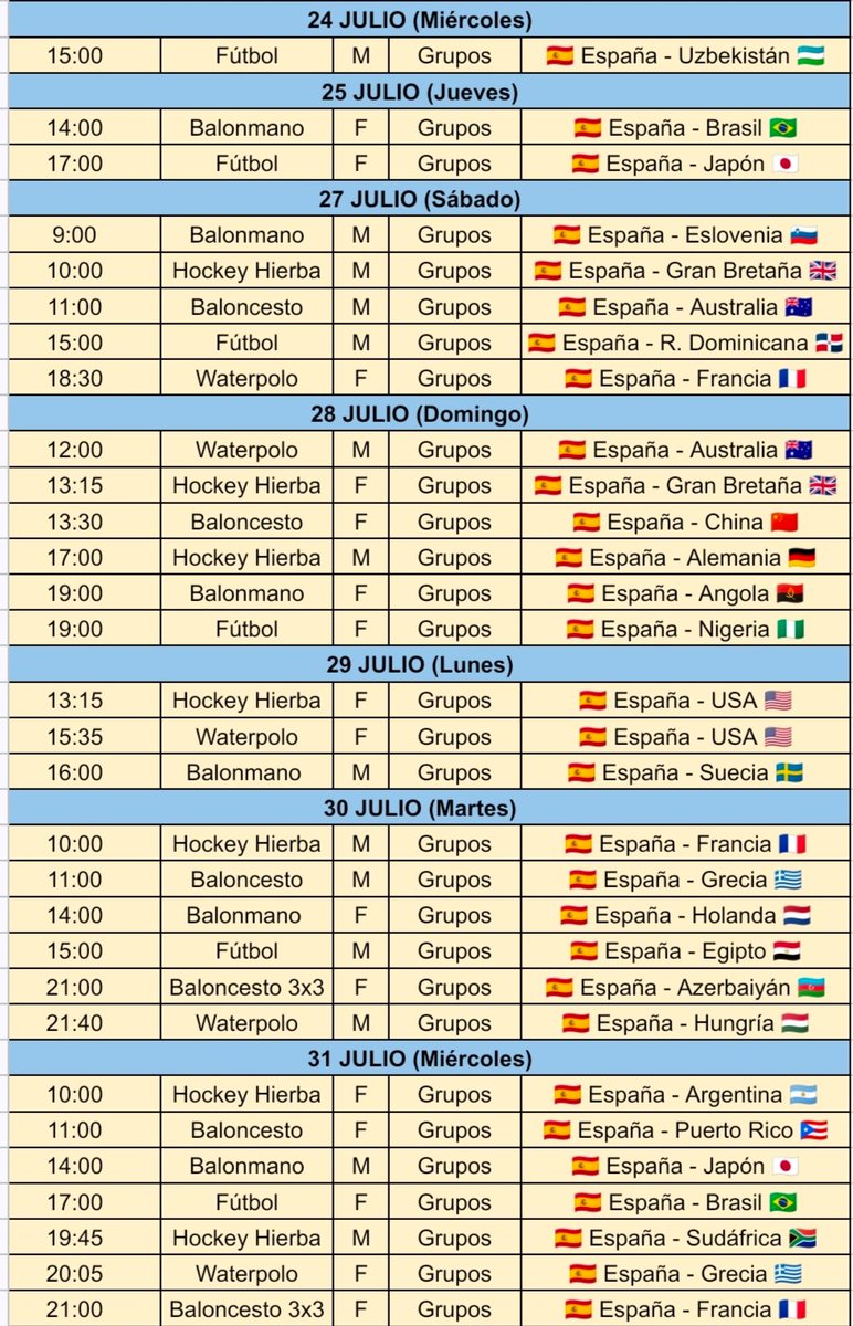 Tokio20206's tweet photo. ⏰ HORARIOS COMPLETOS DE LOS 11 EQUIPOS ESPAÑOLES EN LOS JUEGOS DE PARÍS 2024 🇪🇸

Hoy debutamos a las 15:00 https://t.co/pIGj7I0EgA