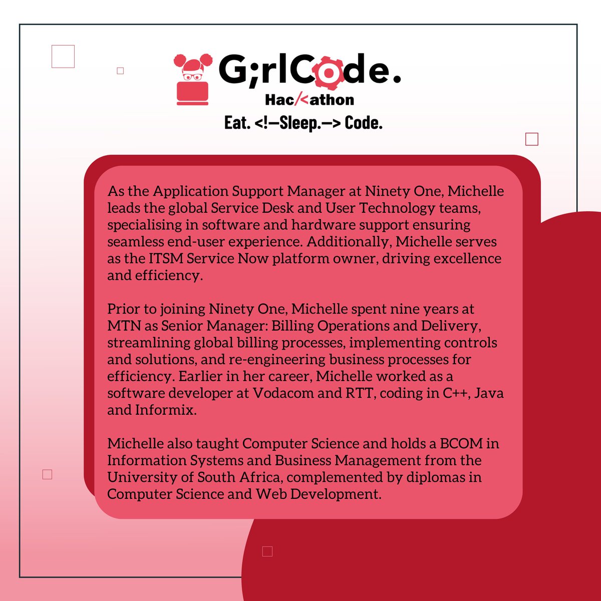 Meet our esteemed Hackathon judge, Michelle from <a href="/ninetyone_sa/">Ninety One SA</a>  ! 🌟 With her vast experience and expertise, she's ready to help us uncover the next big tech innovations. 

Welcome, Michelle!  

#GirlCodeZA #Hackathon2024