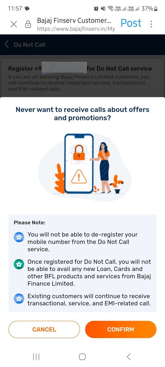 Chandnirchandra's tweet photo. @Bajaj_Finance If I register for DND from this link, it's showing that I will not be able to avail any new loans or services from @Bajaj_Finserv  what kind of support service is this? Pathetic! Kindly explain this @Bajaj_Finserv 

#nocustomerpolicy #customernotvalued
#bajajfinserve
#justice https://t.co/8FCGWplXKT