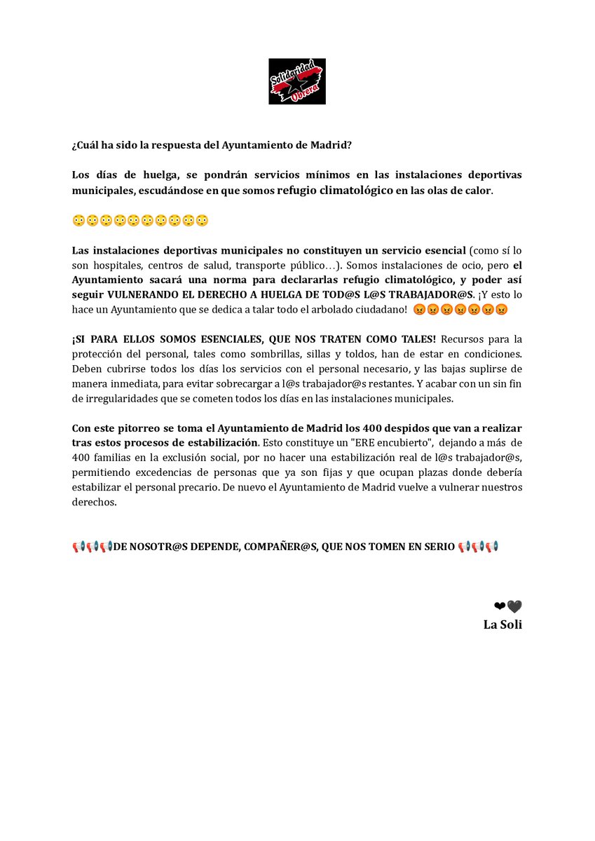 EeFraude's tweet photo. ¡El Ayuntamiento de @MADRID vulnera el derecho a huelga del personal de las instalaciones deportivas municipales, que va a ser despedido masivamente!
¡Ánimo, compañer@s, no van a poder con vosotr@s!
@SoliStapAytoMad @CGTaytoMadrid @CobasAytoMadrid @ait_madrid https://t.co/k0Pb9JFngN