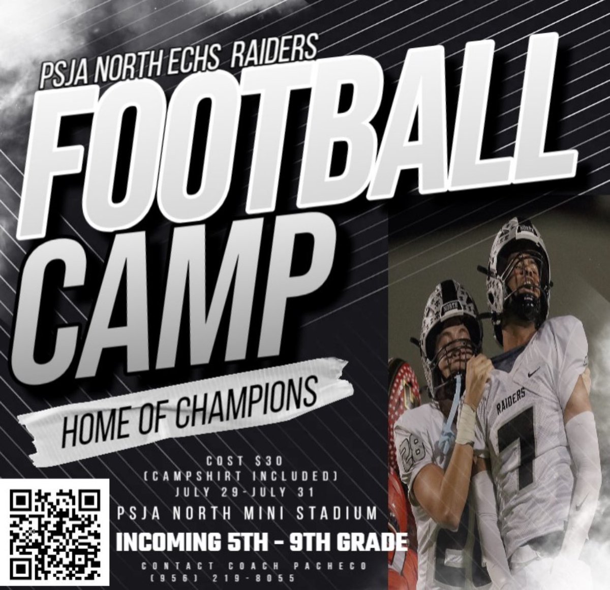 ***REMINDER***
Next week is our annual 🏈 camp. It’s a great opportunity to:
1. Display Skills 
2. Learn to Compete
3. Develop Champions Mentality 

Make plans to attend. Follow ⬇️
<a href="/PSJANORTHECHS/">RAIDER NATION</a> <a href="/PSJAISD/">PSJA ISD</a> <a href="/PSJAAthletics/">PSJA Athletics Department</a> <a href="/PSJALibertyMS/">Liberty Middle School</a> <a href="/PSJA_LBJ_MS/">LBJ Middle School</a> <a href="/MLKaufmann/">Marcus Kaufmann</a> <a href="/North_Raiders_A/">NHS Raider Athletics</a>