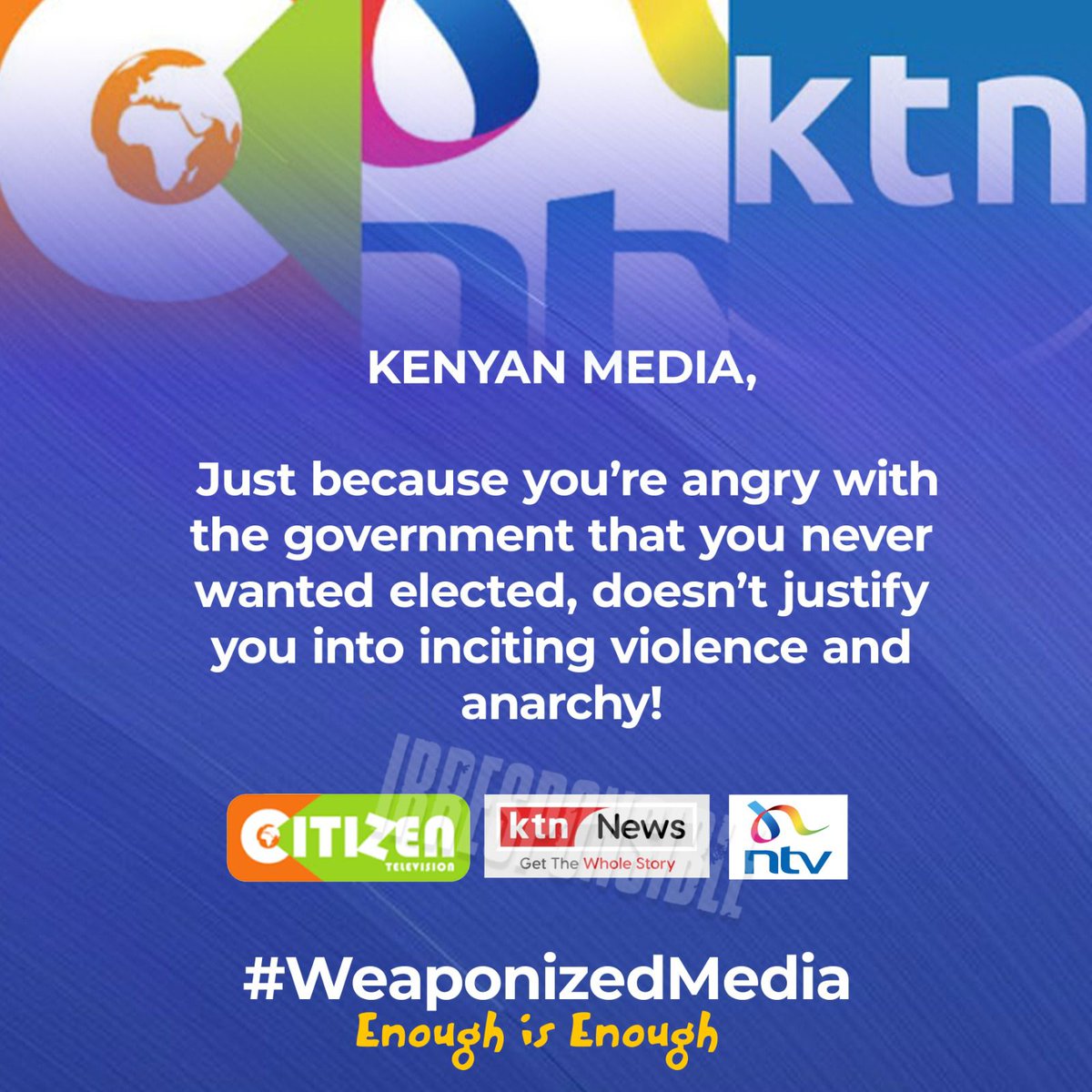 mwalakapkembu's tweet photo. KENYAN MEDIA,
Just because you're angry with the government that you never wanted elected, doesn't justify you into inciting violence and anarchy. 
#WeaponizedMedia 
#EnoughIsEnough 
#KTNGenocideMedia https://t.co/wD4aYZhuVy