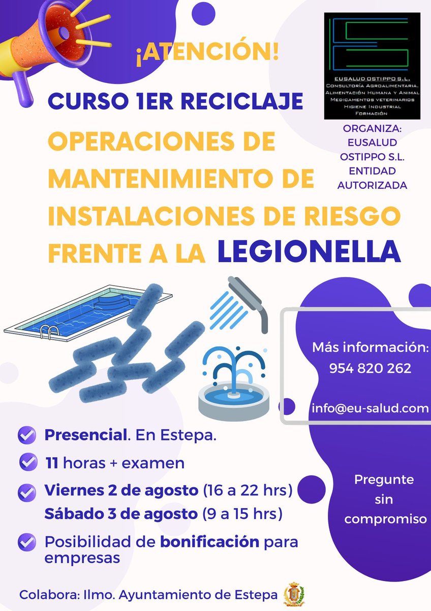 EusaludOstippo's tweet photo. Infórmate❗️#Curso de 1er RECICLAJE para operarios encargados del mantenimiento de instalaciones con riesgo de #Legionella 
📌Presencial
📌Para trabajadores con el curso INICIAL realizado hace 5 años y necesidad de renovarlo 
📌¡Posibilidad de bonificación! 
📌Fechas y contacto 👇 https://t.co/G1znVtkDaL