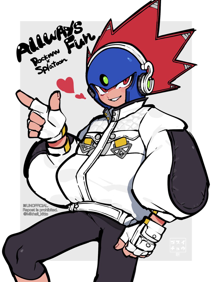 Mikhail_kitto's tweet photo. ロックマンのボスにスプラトゥーンのギア着てもらいたい絵。発破くんはオールウェイズファンが似合うと思う💪 https://t.co/Hka2OfjJCG
