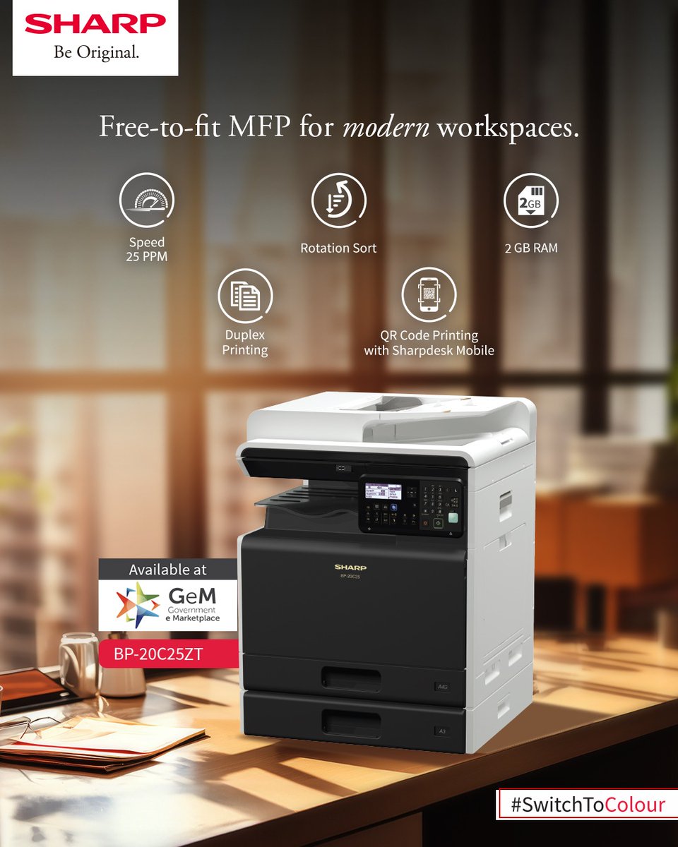 sharp_india_'s tweet photo. Experience the flexibility of a free-to-fit MFP for modern workspaces, available at GeM. With 25 PPM, duplex printing, QR code printing, and 2 GB RAM.
#SHARP #beoriginal #SharpIndia #SmartBusinessSolutions #GeM #GeMMarketplace #SwitchToColour #EfficientPrinting #OfficeSolutions https://t.co/FjUXwepTDc