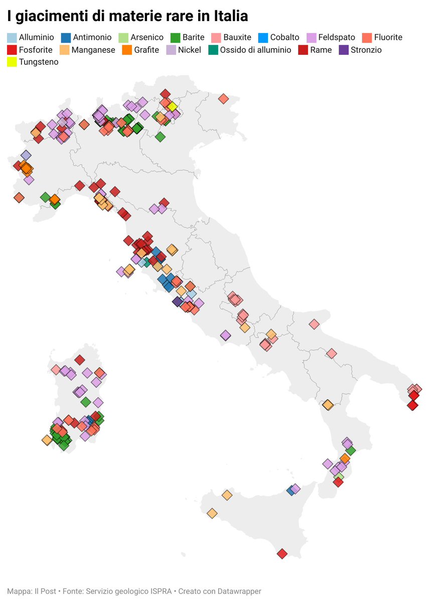 Dove sono i metalli rari in Italia? Uno degli ultimi censimenti è stato pubblicato nell’atlante dei dati ambientali, aggiornato al 2023, e comprende i giacimenti sfruttati in passato e ora da rivalutare. ilpost.it/2024/07/14/map… <a href="/ilpost/">Il Post</a> #ddj #map #datawrapper
