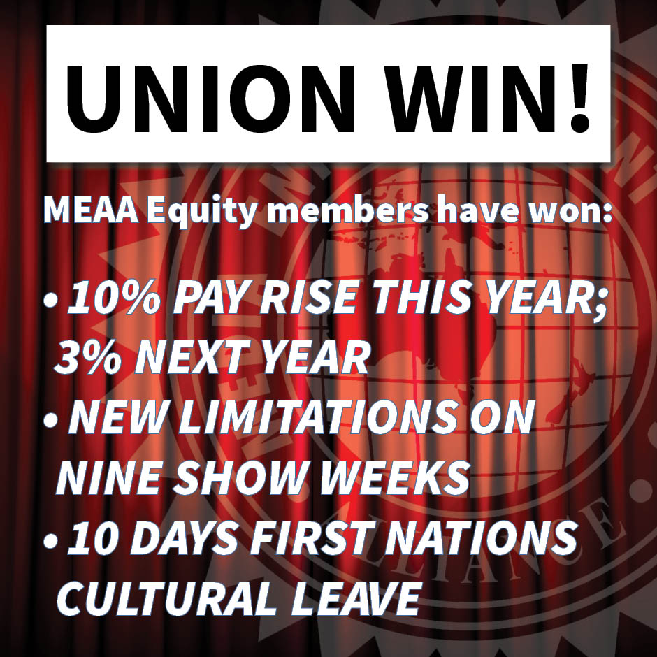UNION WIN! After two years of tough negotiations, #MEAAequity has secured an in-principle deal for a new Performers Collective Agreement! The deal has been endorsed by the National Performers Committee, and includes a 10% pay rise from August 1; new limitations on nine show