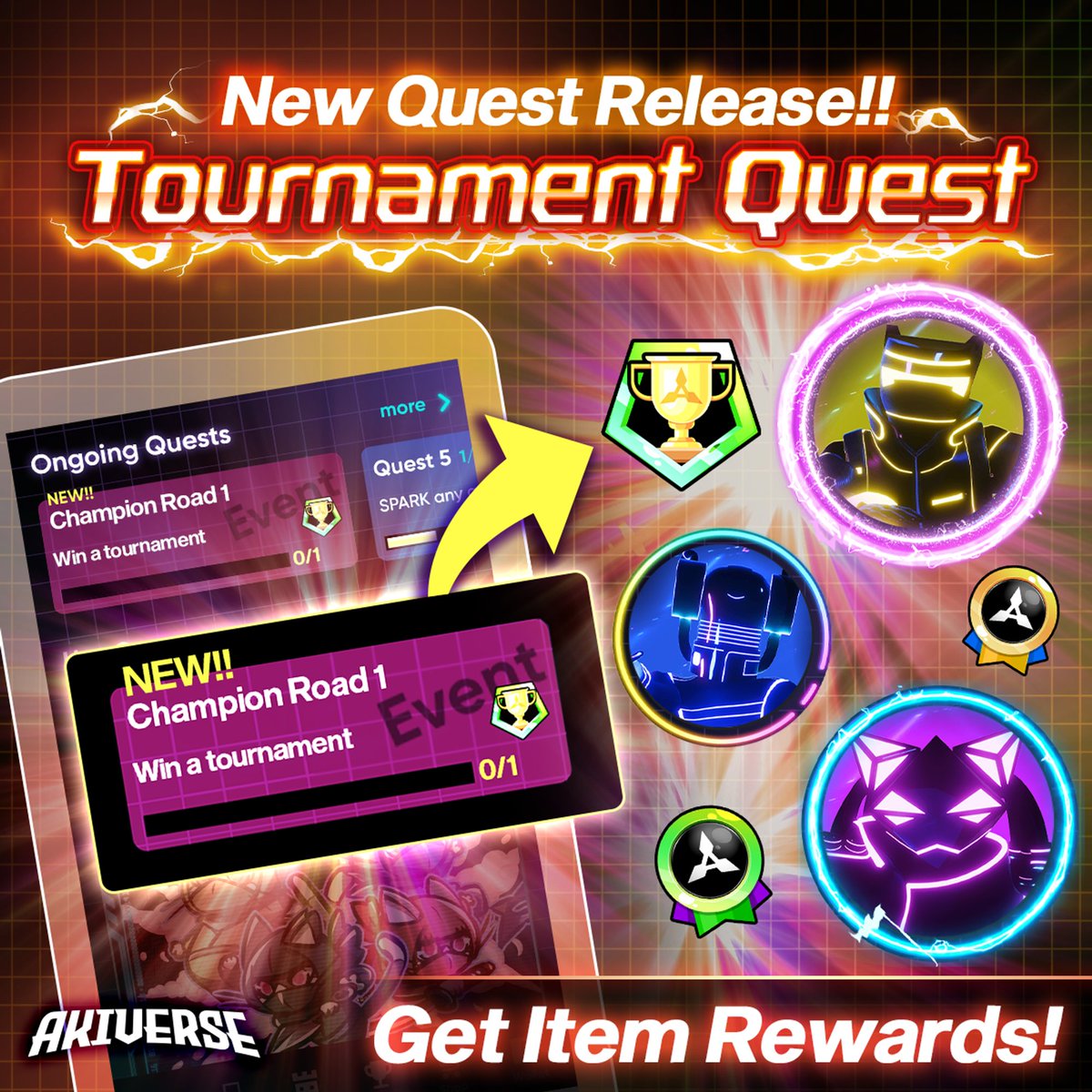 📢New Quest Release📢

トーナメント好きな方に朗報です！！
条件クリアでアイテム獲得💝

🥉トーナメントへ参加
🥈トーナメントで入賞
🥇トーナメントで勝利

AKIVERSEアプリへ急げ!!📲
snsakiverse.onelink.me/k3zY/ejndpu64