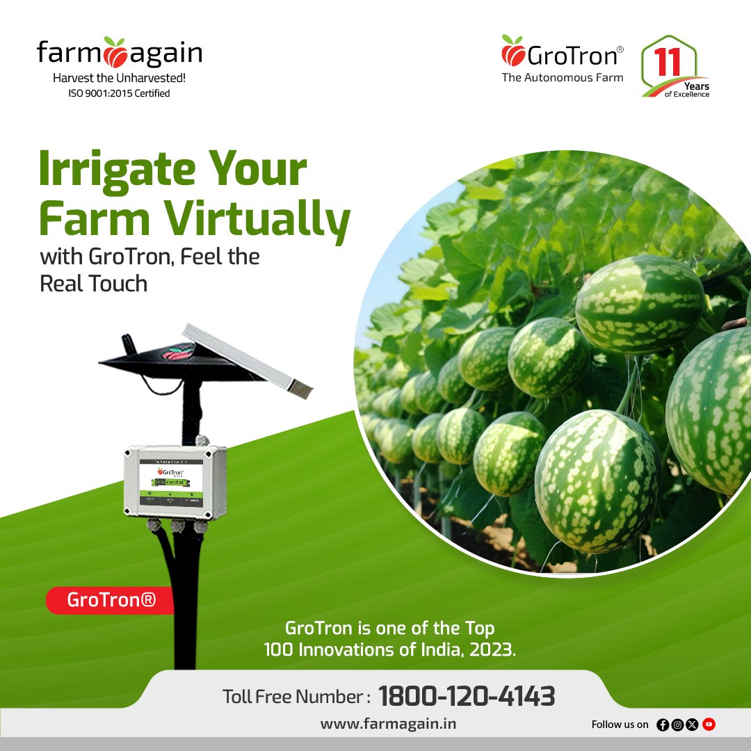 Experience the future of farming with #GroTron, our state-of-the-art virtual irrigation system. With GroTron, you can feel the real touch of smart farming technology!

 farmagain.in

#Agriculture #Smartagriculture #Agricultureandfarming #GroTronTech #Farmagain