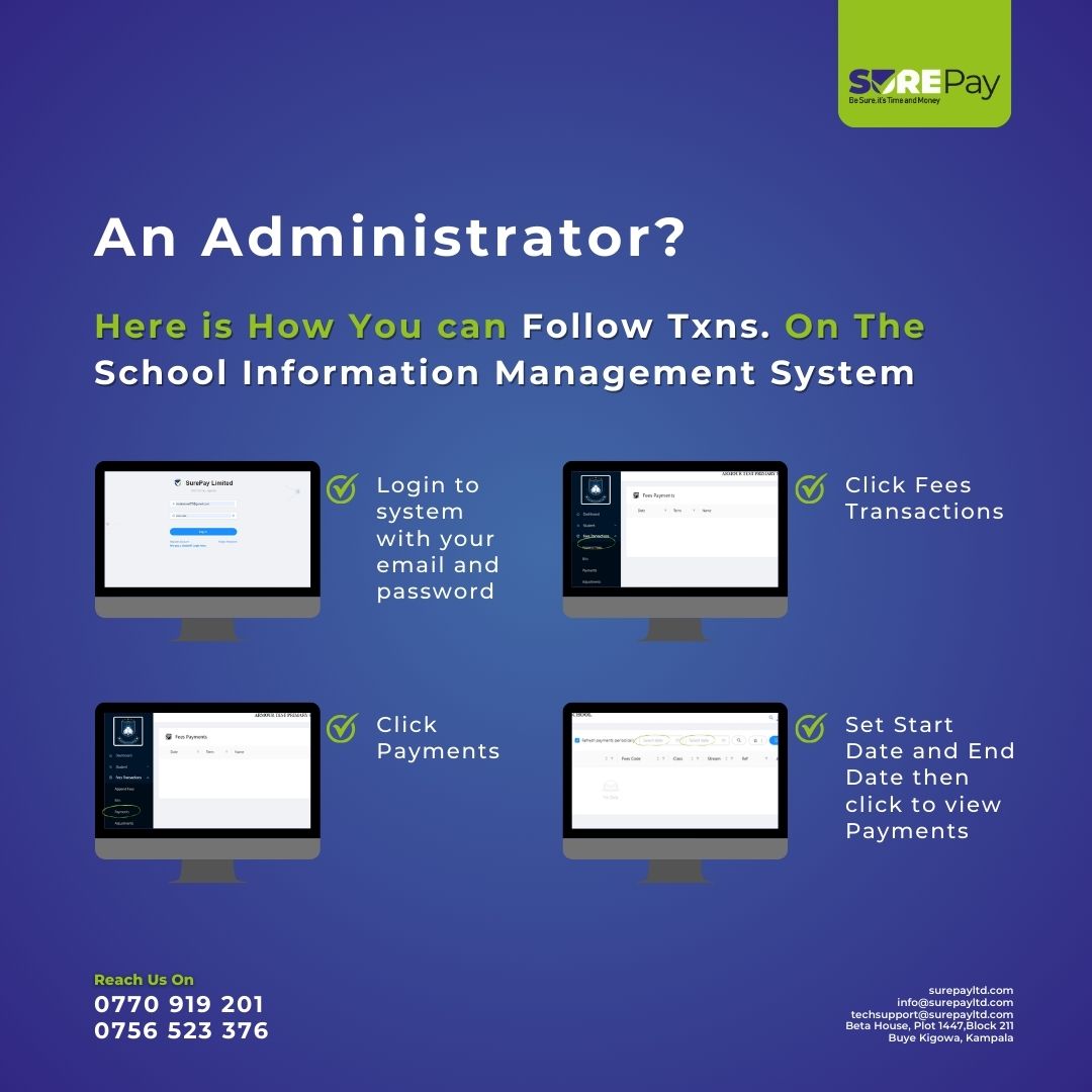 SurepayLimited's tweet image. Track transactions easily on the School Information Management System by logging in, selecting Fees Transactions, clicking Payments, and setting the date range.
#schoolmanagement #transactiontracking #AdminTips #surepayltd #EducationTech