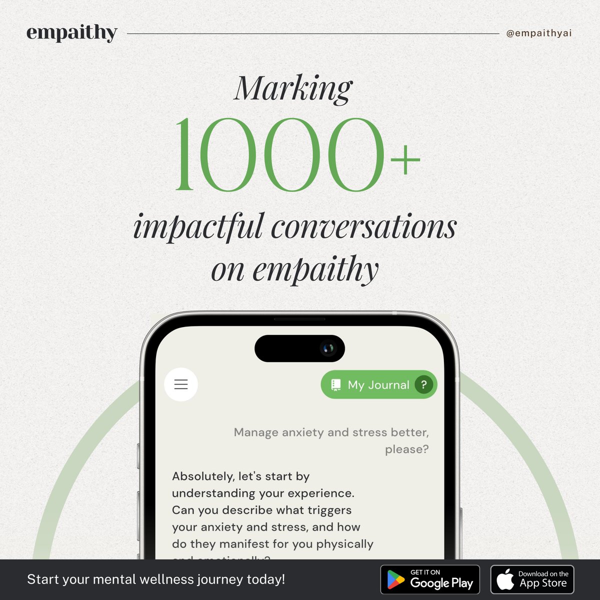 There's news!   

We've just reached 1000+ conversations on the Empaithy app! This milestone means we're making a real impact in supporting mental wellbeing.   

A huge thank you to our incredible community for trusting us on this journey. Stay tuned for more updates and
