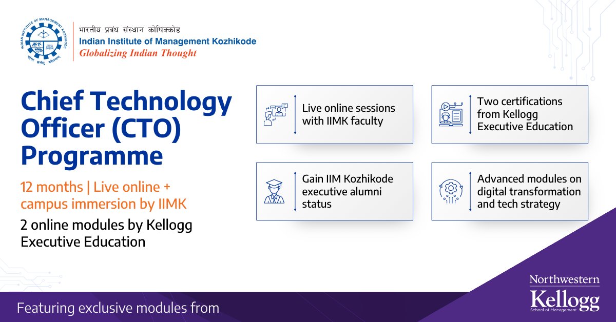 Join IIM Kozhikode's Chief Technology Officer (CTO) Programme and enhance your strategic tech leadership skills. 

Enrol now: erdt.us/iimkctoli

#CTO #IIMKozhikode #IIMK #KelloggExecEd #TechLeadership
