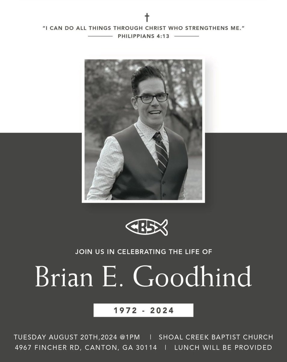 RU_Eagles's tweet photo. JOIN US IN CELEBRATING THE LIFE OF
BRIAN E. GOODHIND
TUESDAY AUGUST 20TH,2024 1PM
SHOAL CREEK BAPTIST CHURCH
4967 FINCHER RD, CANTON, GA

Full story here:
https://t.co/QMa6yPMzCf https://t.co/d7ob5lOPub