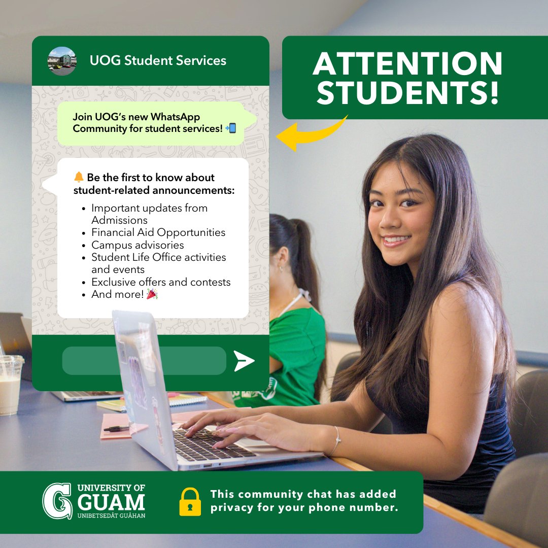 📢 Calling all UOG students! Join our new WhatsApp Community for Student Services! Stay connected, get updates, and enjoy added privacy for your phone number. Click the link to join now: bit.ly/3VQ628c 📲 

#UniversityOfGuam #UOG #UOGTritons #BibaTritons #BibaUOG