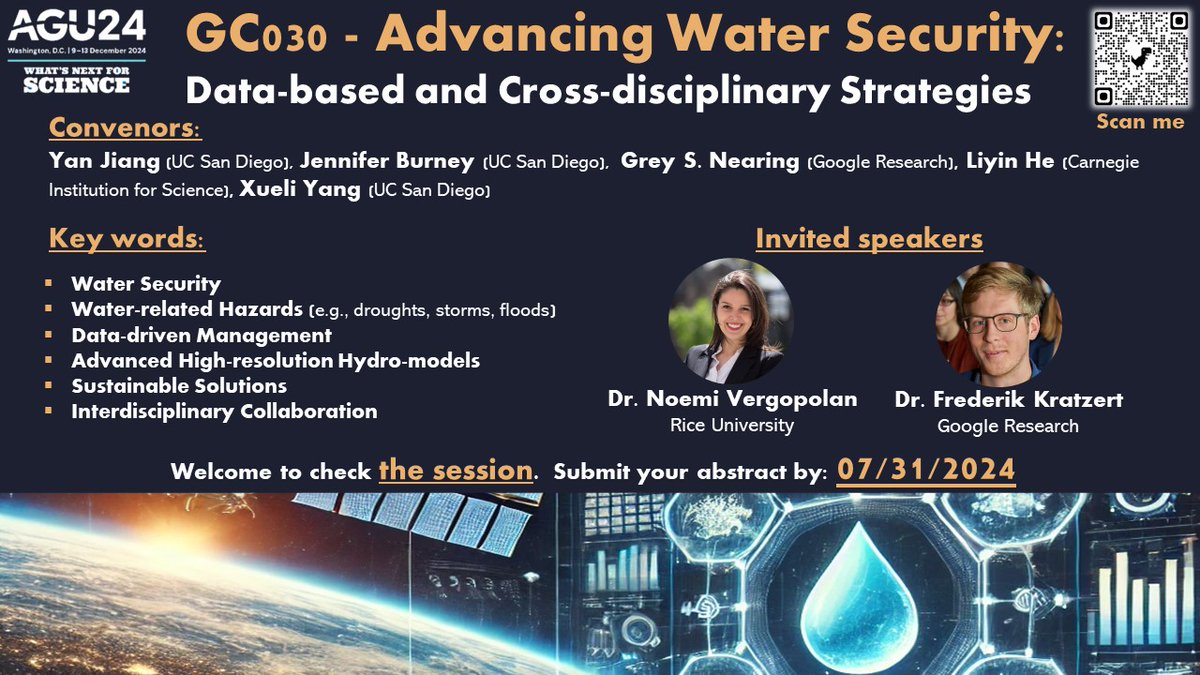 ⌛️One week left to submit abstracts to <a href="/theAGU/">AGU (American Geophysical Union)</a> <a href="/AGUGlobalChange/">AGU Global Change</a>  #agu24 

We look forward to your work on  #water security &amp; #hazards👇
agu.confex.com/agu/agu24/prel…

And super excited to have <a href="/NVergopolan/">Noemi Vergopolan</a> &amp; <a href="/fkratzert/">Frederik Kratzert (@kratzert@sigmoid.social)</a> as our invited speakers this year!🤩
<a href="/he_liyin/">Liyin He</a> <a href="/GreyNearing/">Grey Nearing</a>