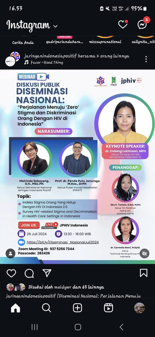 [Diseminasi Nasional: Perjalanan Menuju Zero Stigma dan Diskriminasi Orang dengan HIV di Indonesia]

 Akan diadakan pada:
📅 Jumat, 26 Juli 2024
🕐 13.30 – 16.00 WIB 
💻 Daring via Zoom Meeting &amp; Live di YouTube JPHIV Indonesia

Link pendaftaran  bit.ly/PesertaDesemin…