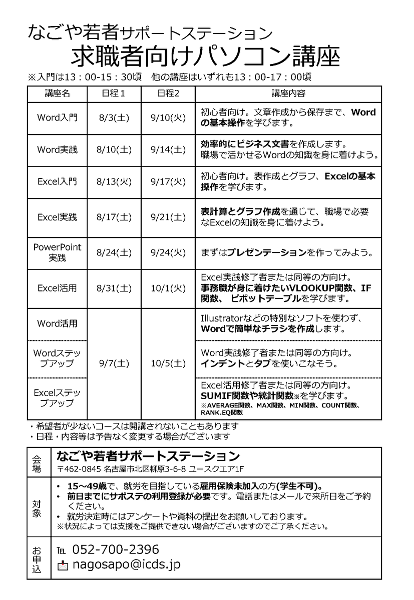 nagosapo's tweet photo. 【パソコン講座 ～8月・9月クール～】   
なごサポでは、講師が解説する形式でPC講座を開講しています。💻
「基礎的なスキルを身につけたい」 「最近使っていないので復習したい」など、あなたのスキルやニーズに合わせて参加する講座を選べます！  
#サポステ #パソコン講座 #名古屋 https://t.co/FDQJ7UNA2L