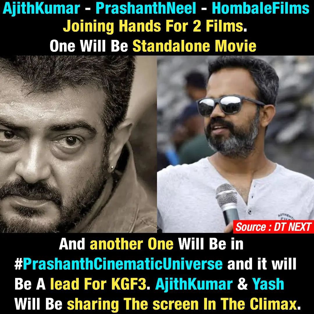 Thalafansml's tweet photo. #PrashanthNeel to direct #Ajith in 2 films. 

First film to be a standalone and second to connect to #KGF3 

Ajith would give 3 years of his time for these films - dtnext
#VidaaMuyarchi #AjithKumar #GoodBadUgly 

#CopyPasteTweet https://t.co/Br9AWbPQxB