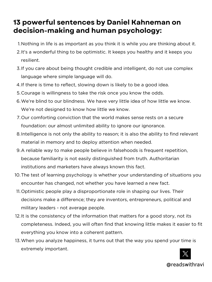 13 powerful sentences by Daniel Kahneman on decision-making and human psychology: