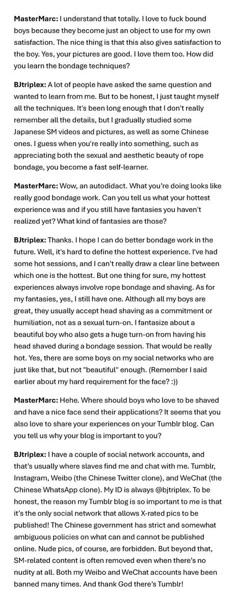 This is an interview done by MasterMarc from Germany many many years ago (When Tumblr was still popular!). Recently came across it and found it quite fascinating. 

这个还是Tumblr时代的时候，一个网上SM杂志做的访谈。已经快成活化石了。哦耶。