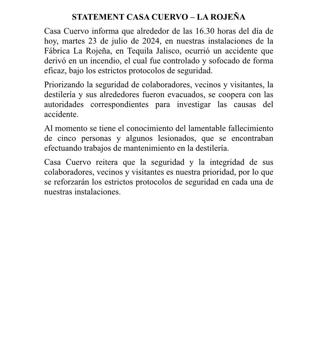 MiguelPallares's tweet photo. FALLECEN 5 Personas
Casa Cuervo reporta el fallecimiento de 5 personas y algunos lesionados por explosión en tequilera La Rojoña en Tequila
#JoséCuervo #UltimaHora #Becle https://t.co/psoGoCCv1J