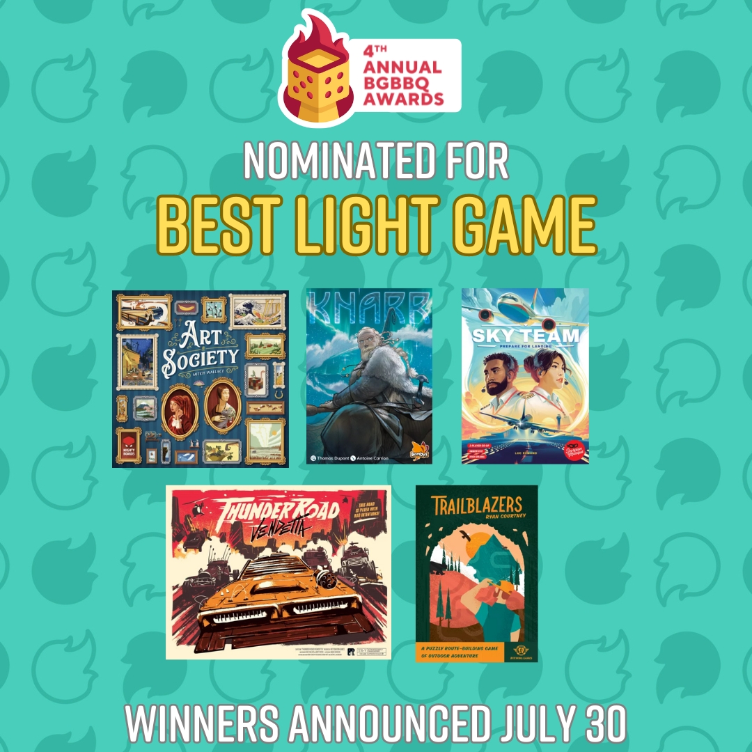 Predictions please!

Day 3 of our Board Game BBQ Awards and here are the nominees for Best Light Game. 

Who will win?

@restorationgames @bitewinggames @scorpionmasque @bombyx_edition <a href="/mightyboards/">Mightyboards</a>