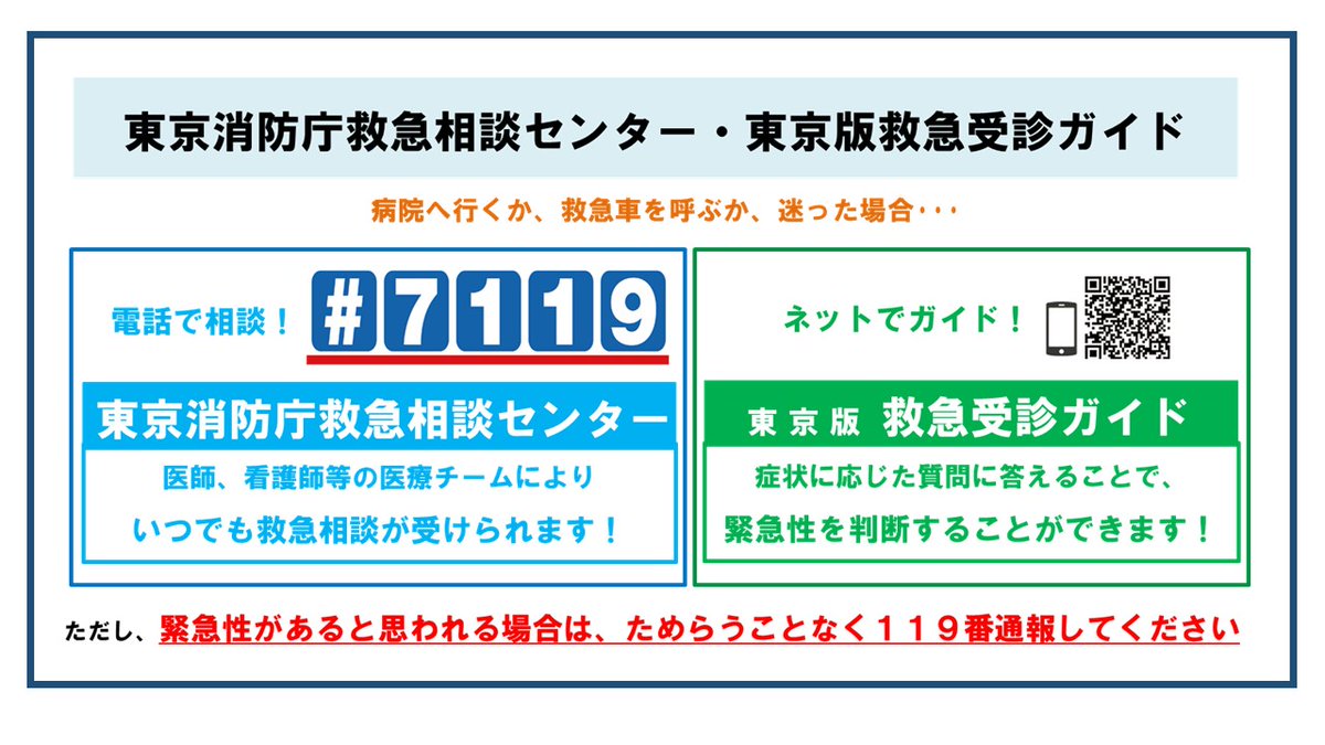 病院に行くか、救急車を呼ぶか、迷ったら電話で相談できる『＃7119』か