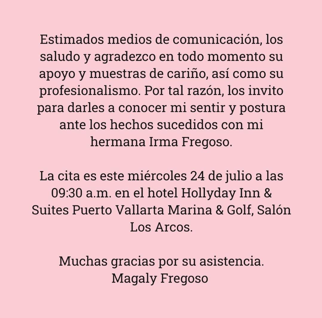 Mañana, nuestra compañera <a href="/MagalyFregosoO/">Magaly Fregoso</a> estará dando un posicionamiento. 
Nuestra solidaridad y respeto. <a href="/MilenioJalisco/">Milenio Jalisco</a> <a href="/informador/">𝐄𝐋 𝐈𝐍𝐅𝐎𝐑𝐌𝐀𝐃𝐎𝐑</a>
<a href="/LauraBruges/">Laura Brugés</a> <a href="/ImagenTVMex/">Imagen Televisión</a> <a href="/AztecaNoticias/">Azteca Noticias</a> <a href="/TelevisaGDL/">Televisa Guadalajara</a>
#JusticiaparaIrma #PuertoVallarta