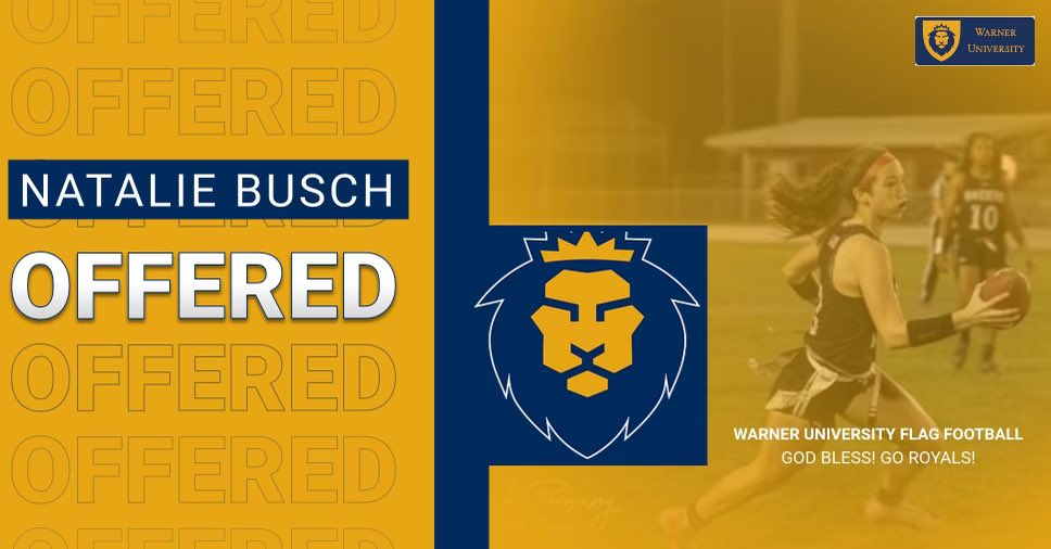 Natalie Busch (@buschnatalie17) on Twitter photo I am so excited to receive my first official offer from <a href="/warnerflag/">Warner University Flag Football</a> . Thank you to my parents, coaches, teammates, and siblings for supporting me and pushing me to be the best I can be. Thank you Coach Mimbs for this amazing opportunity!
#flagfootball I am so excited to receive my first official offer from <a href="/warnerflag/">Warner University Flag Football</a> . Thank you to my parents, coaches, teammates, and siblings for supporting me and pushing me to be the best I can be. Thank you Coach Mimbs for this amazing opportunity!
#flagfootball