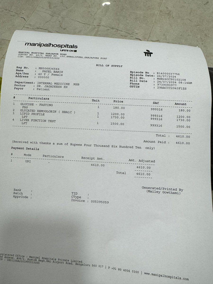 parthamallik's tweet photo. While we are debating about LTCG, here is how corporate hospitals squeeze your blood. Exact 4 blood tests, @ManipalHealth charged us 4610/- Could you guess how much it costs in @1mgOfficial ? Its 1094/-

#Budget2024 #hospital #middleclass #loot https://t.co/xVGfTdrGAB